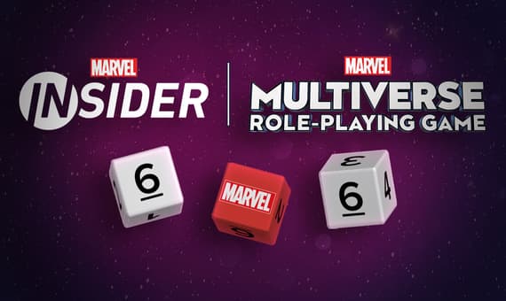 Imagen promocional del Marvel Multiverse Role-Playing Game. Salen tres dados de seis caras. El primero y el último tienen un 6, el de en medio el logo de Marvel sustituyendo al 1. Porque es 616, claro.