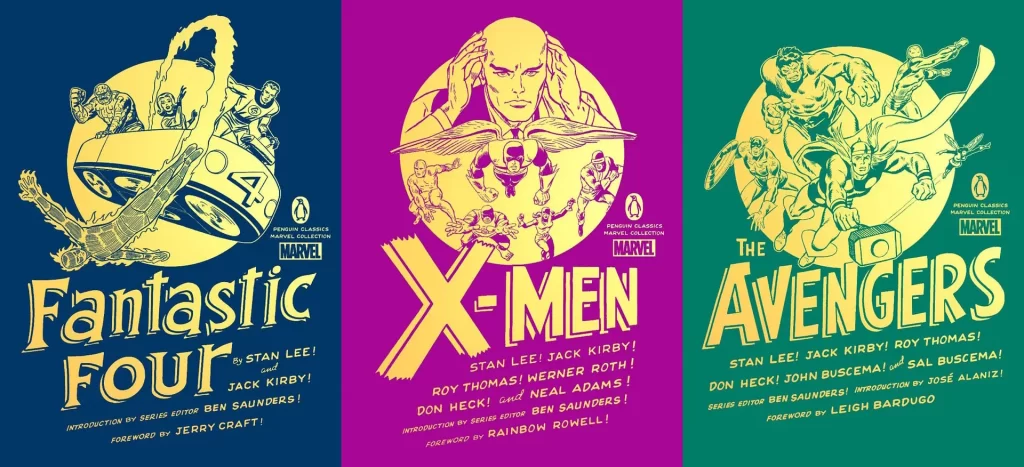 De nuevo las portadas de los tres títulos nuevos, pero esta vez en la edición monocolor con detalles dorados. El contenido es el mismo del de la descripción anterior. Lo único que cambia es que aquí tienen colores asignados para las portadas: Azul oscuro para Fantastic Four, fucsia para X-Men y una especie de verde-azulado para The Avengers. 