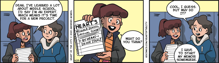 La primera tira de Steenz, en la que Heart enseña a Dean una página con Heart's Middle School Survival Guide. Que sirve para demostrar que ahora están un poco más crecidos.