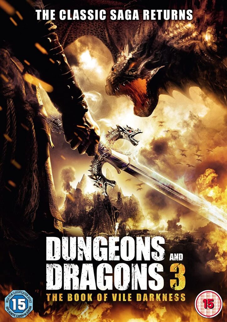 Podría ser la portada de un videojuego, pero es el cartel de Dungeons and Dragons 3 The Book Of Vile Darkness. parece algo parecido a un dragón mientras vemos una mano empuñando una espada turbo. ¿TurboQUÉ? Ese es otro tema.