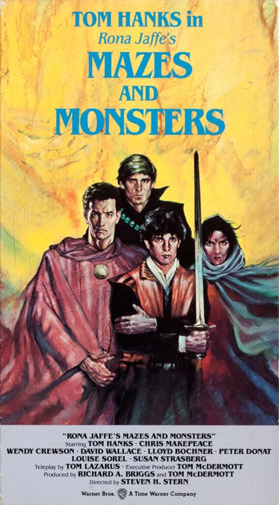 Cartel de Mazes and Monsters, con el estilo de un dibujo de D&D, todos los personajes 'disfrazados', ninguna vergüenza detectaada.