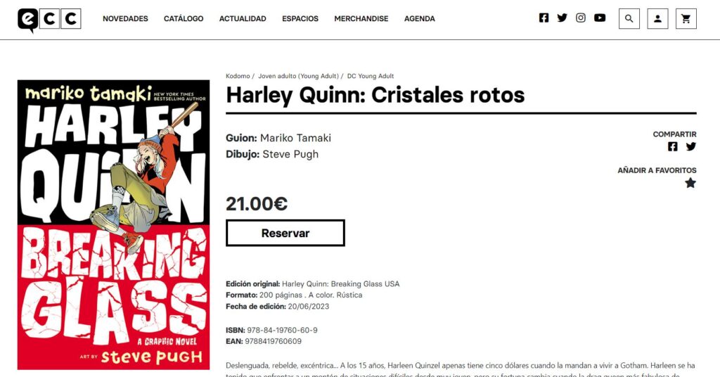 Ficha del Harley Quinn: Cristales Rotos de Hidra. Lo que más nos interesa es que tiene 200 páginas, y cuesta 21 €