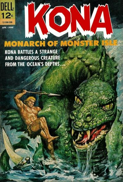 Portada de un número de KONA, monarca de la Isla de los Monstruos. en la que el tipo en taparrabos pero rubio y bronceado lucha contra una especie de mezcla entre serpiente, dragón y dinosaurio.