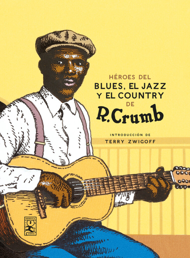 Portada de la edición de 2019 de Héroes del blues, el jazz y el country de R. Crumb.

Vemos que incluye una introducción de Terry Zwigoff. 

La imagen, con un fondo amarillo, es una versión de Crumb del guitarrista Frank Stokes. Con gorra, camisa blanca, tirantes vaqueros y, por supuesto, su guitarra de tipo tradicional. 