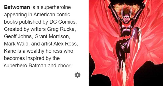 Imagen de la wikipedia en inglés en la que vemos que la ilustración elegida para Batwoman es una ilustración de Kate Kane en el traje a partir de la versión alternativa (sin los textos) de la portada del Detective Comics #860 (Diciembre 2009) obra de Alex Ross.