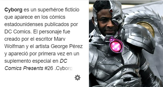Imagen de la wikipedia en español en la que vemos que la ilustración elegida para Cyborg es la fotografía de un cosplayer.
