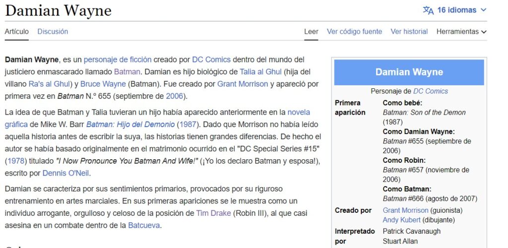 Imagen de la wikipedia en español en la que vemos que la ficha de Damian no tiene imagen.