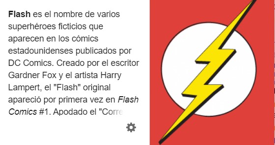 Imagen de la wikipedia en español en la que vemos que la ilustración elegida para Flash es... el símbolo de Flash de cuando era un fondo rojo, un círculo blanco y, pasando por encima, un rayo amarillo.