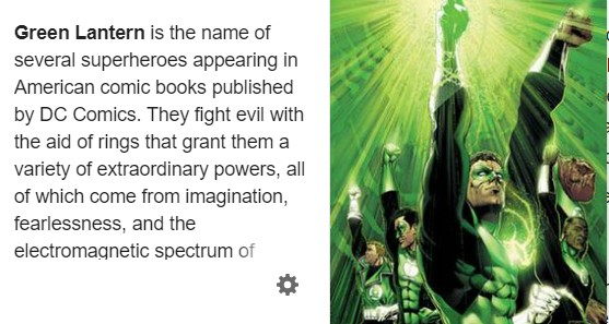 Imagen de la wikipedia en inglés en la que vemos que la ilustración elegida para el cuerpo de Green Lantern es una portada de Green Lantern: Rebirth #6 (May 2005)
que nos muestra a Guy Gardner, Kyle Rayner, Hal Jordan, John Stewart, y Kilowog. Un dibujo del comicpuertas Ethan Van Sciver.