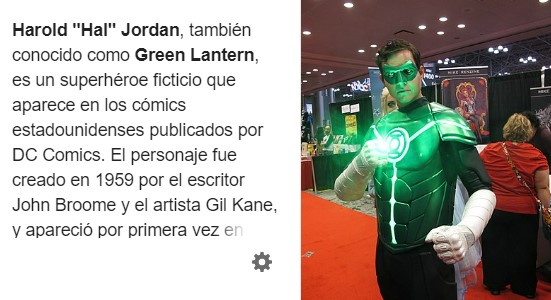 Imagen de la wikipedia en español en la que vemos que la ilustración elegida para Hal Jordan es un cosplayer que va de Green Lantern y vamos a suponer que es Jordan.