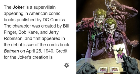 Imagen de la wikipedia en inglés en la que vemos que la ilustración elegida para el Joker es una imagen promocional de Batman: Three Jokers (2020), con tres encarnaciones del mismo: la de la Golden Age (abajo), la Silver Age (en medio), y la Modern Age (arriba). Dibujadas por Jason Fabook.
