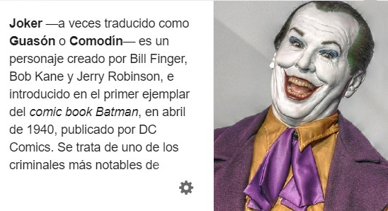 Imagen de la wikipedia en español en la que vemos que la ilustración elegida para El Joker es el espanto resultante de elegir la versión del Joker interpretado por Jack Nicholson en Batman, pero a través de una figura de cera del National Wax Museum Plus de Dublín.