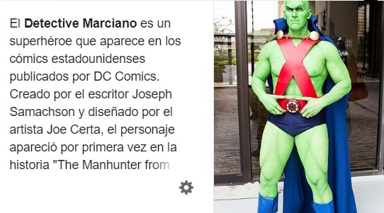 Imagen de la wikipedia en español en la que vemos que la imagen elegida para el Detective Marciano es la foto de un cosplayer.