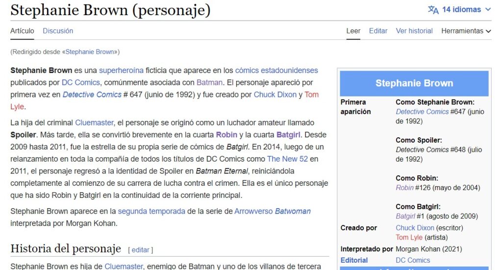 Imagen de la wikipedia en español en la que vemos que la ficha de Stephanie no tiene imagen.