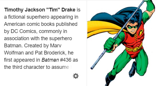 Imagen de la wikipedia en inglés en la que vemos que la ilustración elegida para Tim Drake es de la portada de Robin #0 (Septiembre 1994) obra de Tom Grummett y Ray Kryssing.