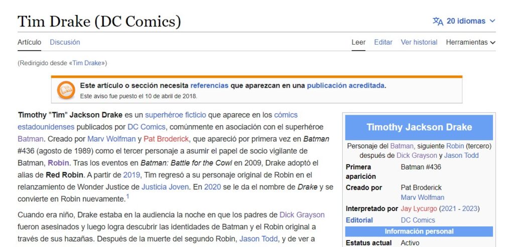 Imagen de la wikipedia en español en la que vemos que la ficha de Tim no tiene imagen.