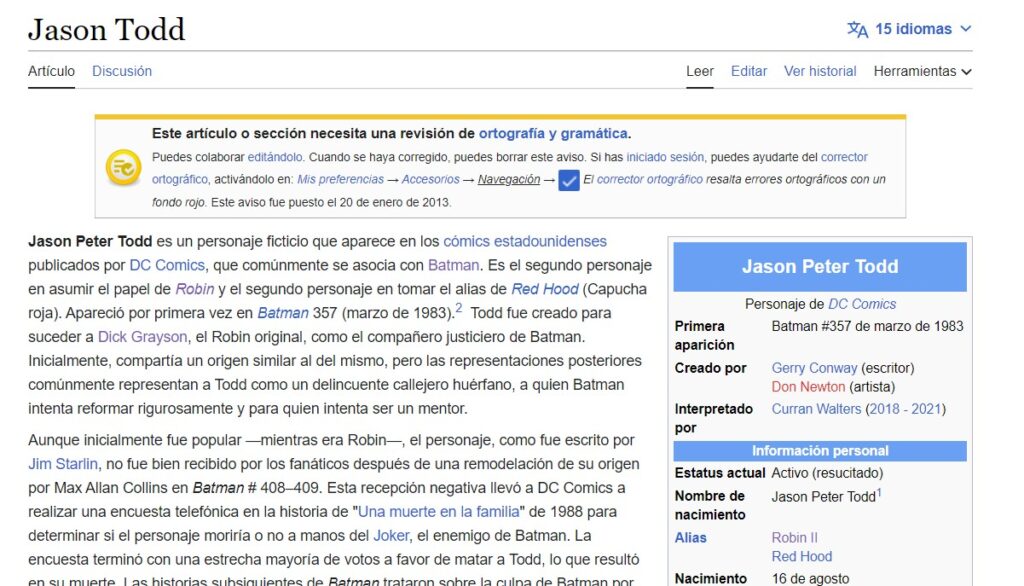 Imagen de la wikipedia en español en la que vemos que la ficha de Jason no tiene imagen.