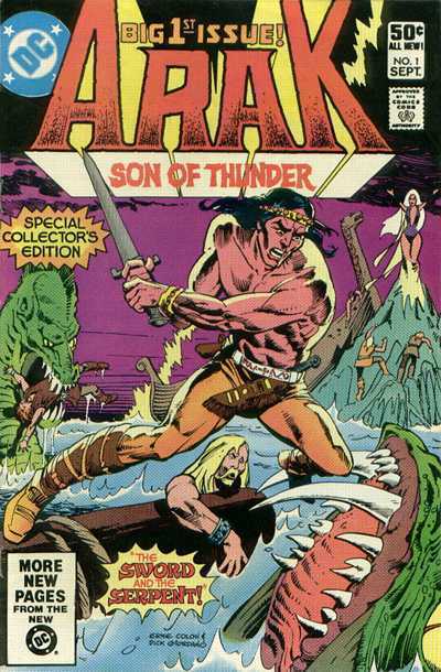 Portada del primer número de Arak que tiene un poco de todo, incluyendo a Warlord, al personaje titular, una especie de serpientes marinas, un barco vikingo, una señora que podría ser una bruja o algo en la cima de una montaña... un variadito, vaya.