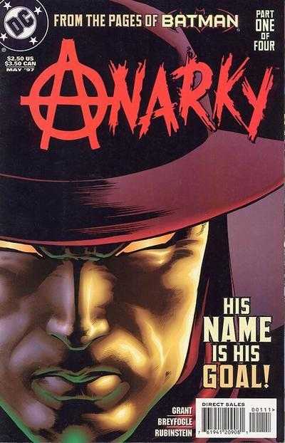 Aburrida portada de Anarky con la cara del ¿villano? en primer plano. Una máscara dorada y un sombrero rojo. Poco que ver, poco interesante.