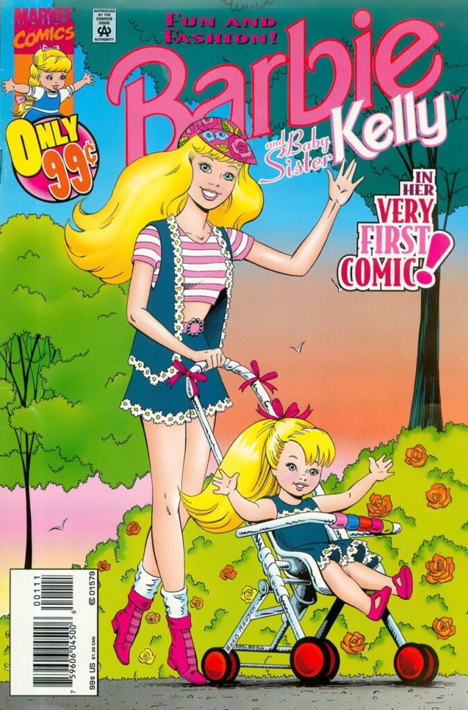 Portada del comics Marvel Barbie and Baby Sister Kelly con In her very first comic y ONLY 99C La vemos con un vestifo florarl empujando su carrito.