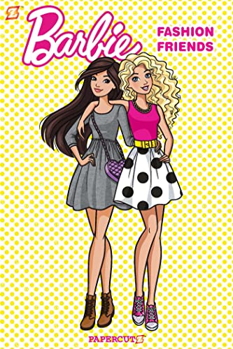 Portada de Barbie 3 Fashion Friends en la que aparece junto a una chica morena, con su brazo tras el cuello de esta, de fondo solo puntos amarillos. Todo muy minimalista, supongo.