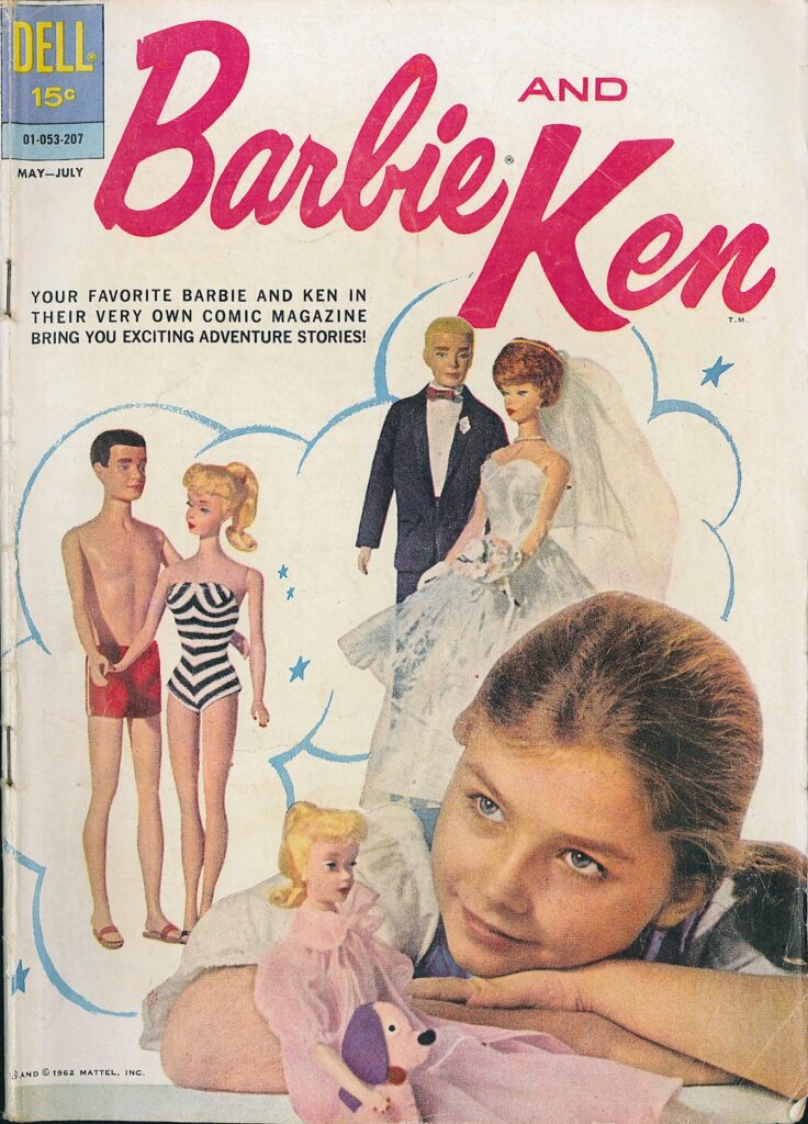 Portada del número 1 de Barbie & Ken de Dell en el que vemos a una niña soñando con diferentes versiones de los famosos muñecos, vestidos de playa o preparados para casarse, mientras juega con una Barbie en camisón y con un peluche de perrito.