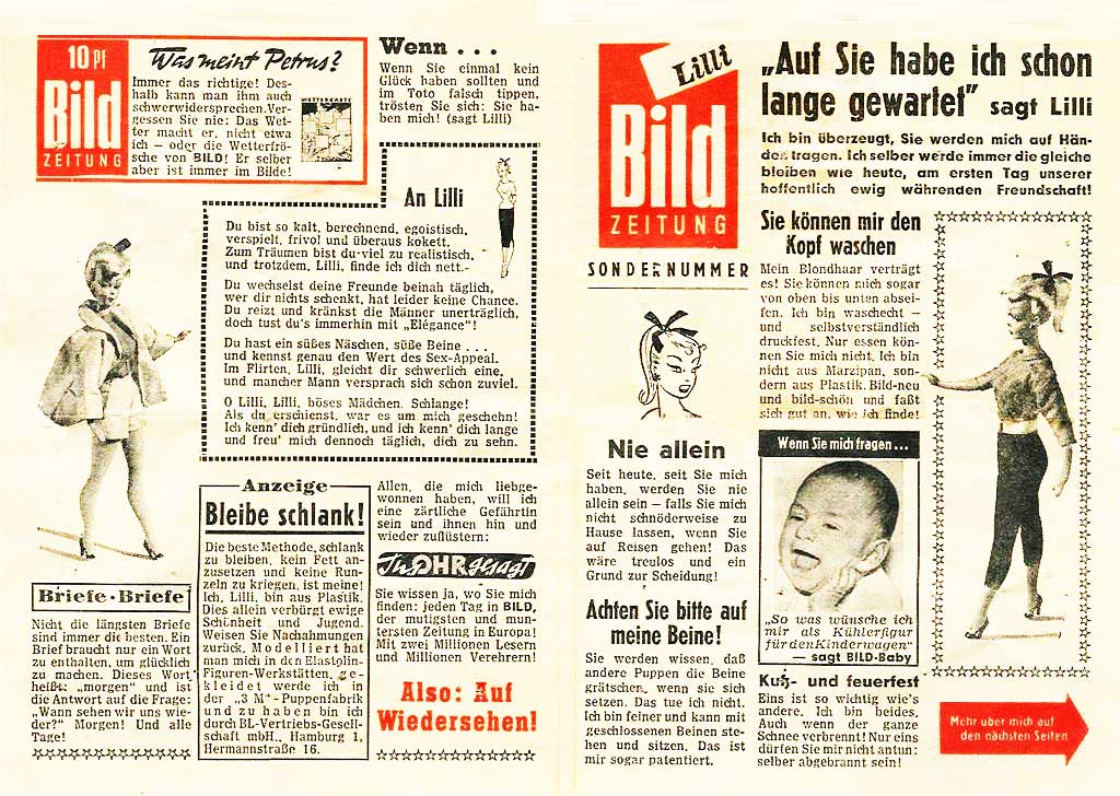 Página doble del Bild Zeitung en el que se nos habla de la muñeca Lilli. En Alemán, eso sí.