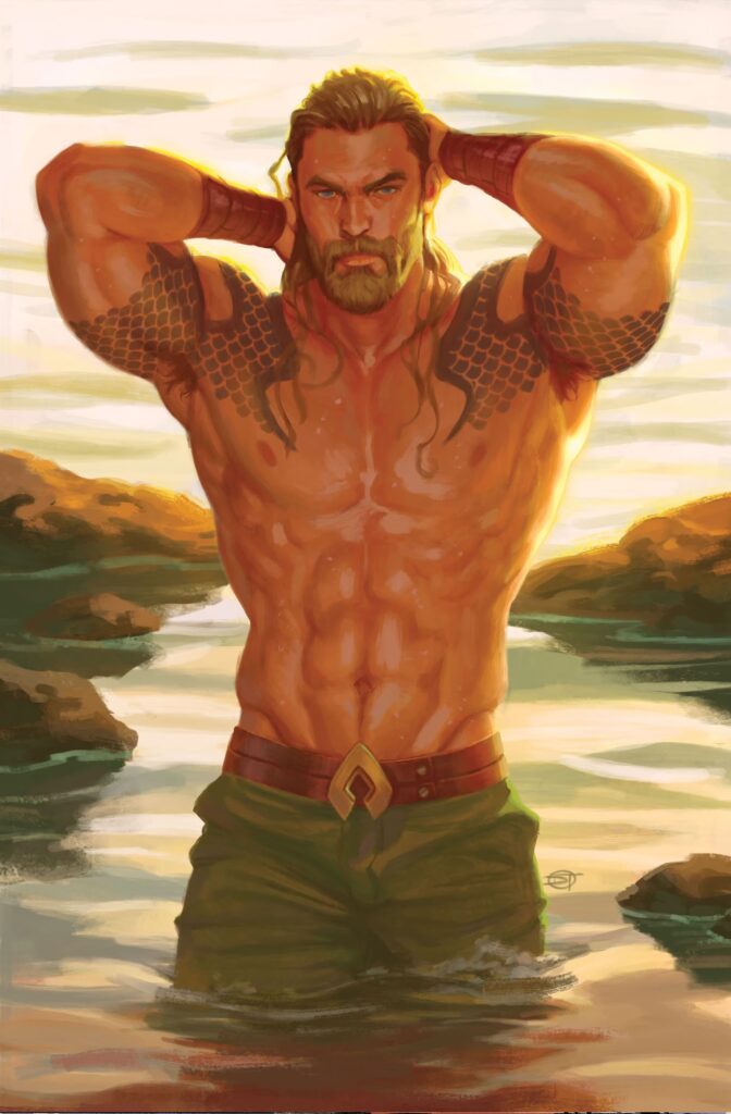 Ilustración de Aquaman en el agua, sin camiseta, que alguien claramente ha hecho a partir de una foto de Chris Hemsworth y no de Jason Momoa. 