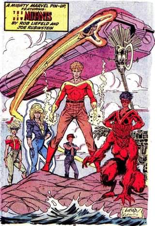 Imagen promocional clásica, un pin-up de los Nuevos Mutantes -Warlock incluido- de mano de Rob Liefeld y Joe Rubinstein.