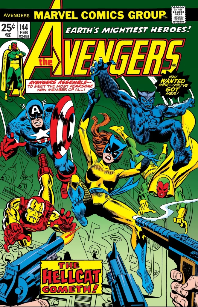 Portada de The Avengers 144 en la que vemos a Hellcat en el centro de un equipo de vengadores compuesto por La Bestia, La Visión, Iron Man y el Capitán América, que está saltando a por unos atacantes con armas.