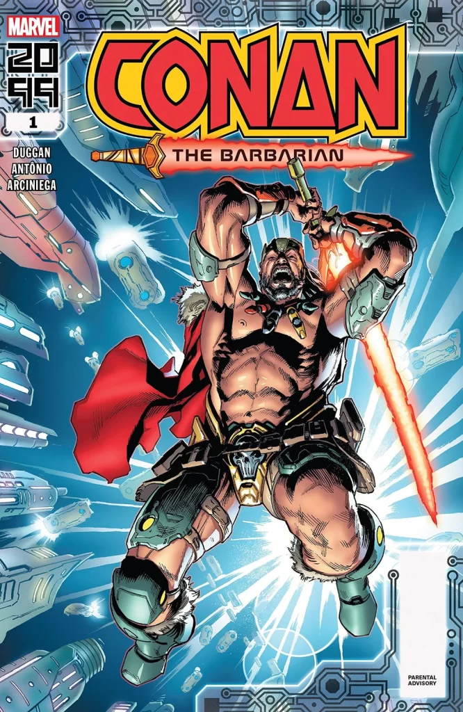 Portada de Conan the Barbarian 2099 con espadas láseres, cachos de robots, partes metálicas y un sexy taparrabos calavera. Mira, yo qué sé.