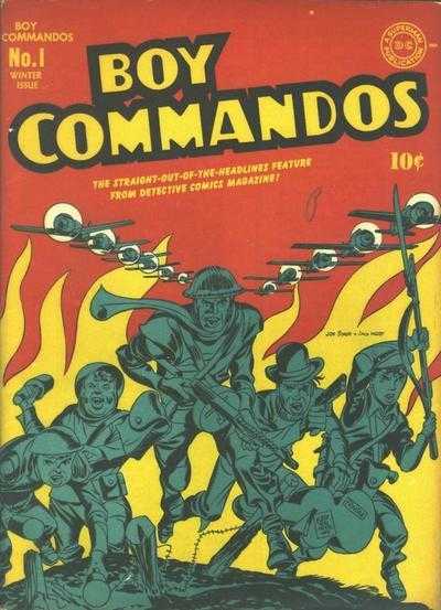 Portada de Boy Commandos en las que vemos a los suodichos correr hacia el espectador mientras encima hay aviones y tenemos un fondo en amarillo y rojo.
