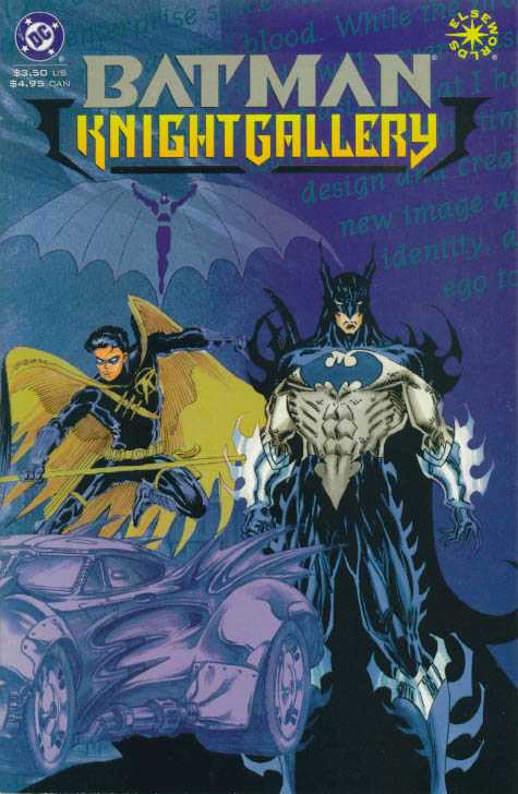 Portada de Batman Knight Gallery en a que vemos unos extraños diseños de Batman, Robin o el Batmovil, Robin lleva como alas amarillas y va de azul oscuro, Batman parece de inspiración asíaticas, con muchos pinchos y cuchillas y un esquemas de colores, plateados y azules.