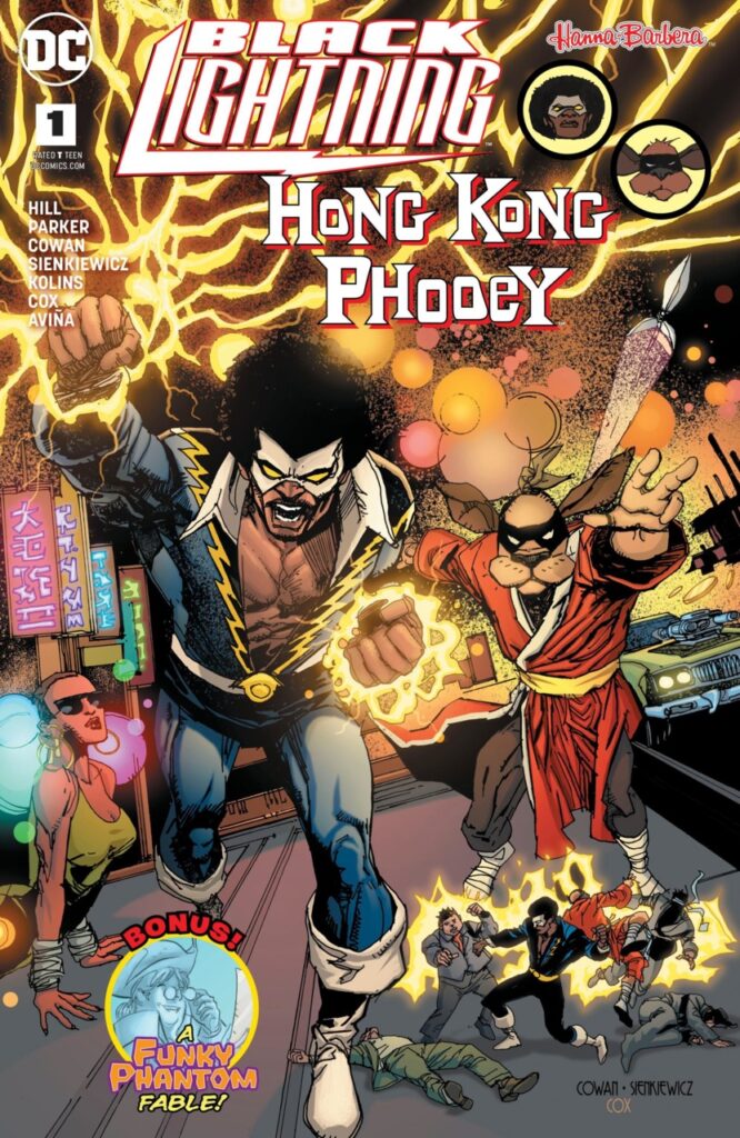 Portada de Black Lightning Hong Kong Phooey en el que ambos parecen ir a enfrentarse en mitad de un ambiente de xplotaition setentera