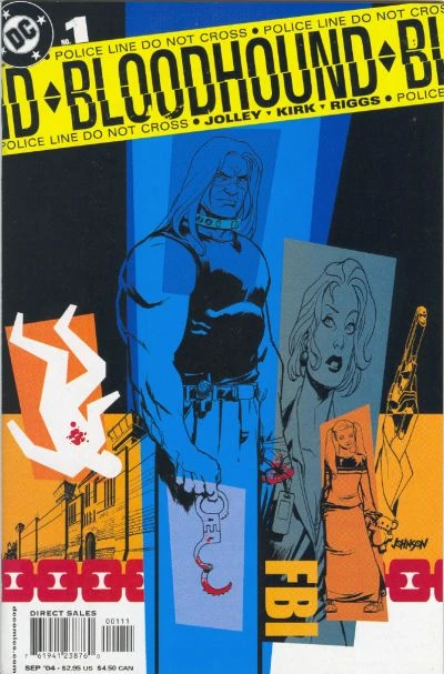 Portada de Bloodhound en la que vemos varios rectángulos de colores y, delante, el dibujo del protagonista en el centro, una silueta por otro lado, un par de mujeres y un dibujo de una cadena o el logo del FBI