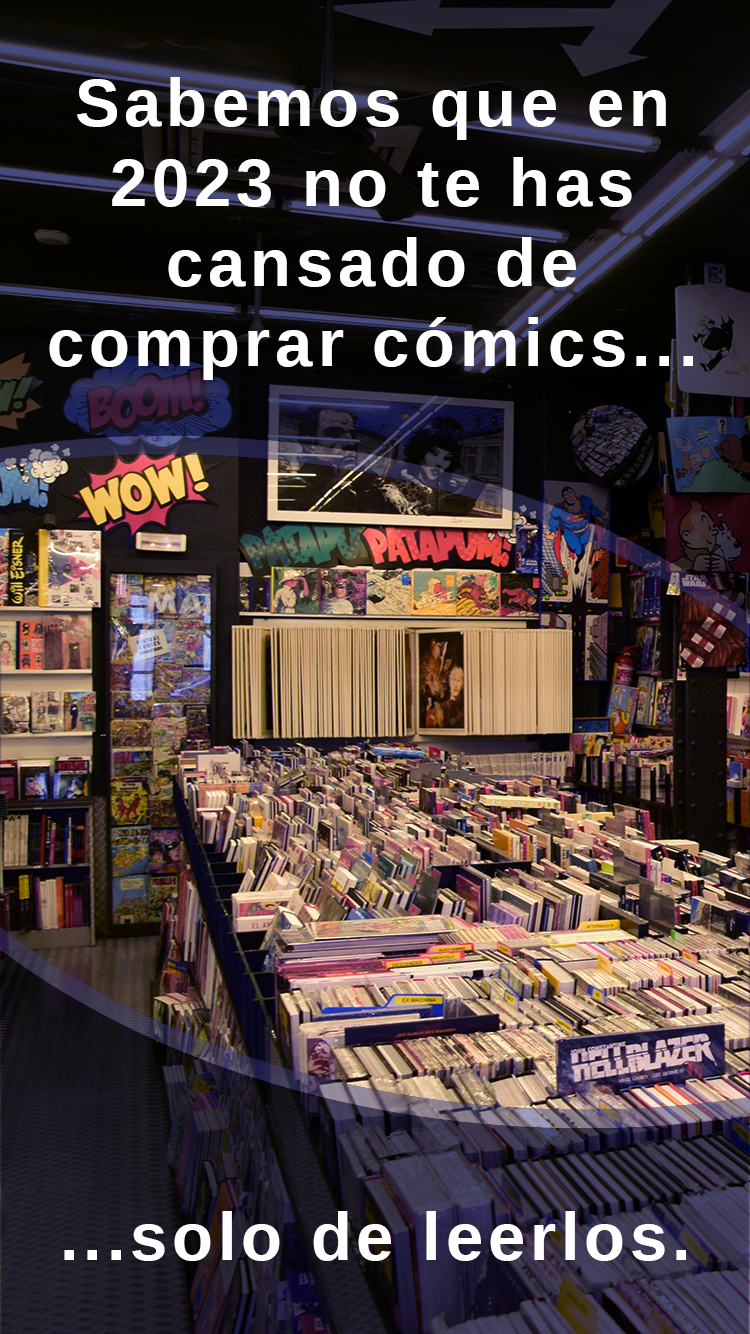 Imagen estilo wrapped en la que leemos:

Sabemos que en 2023 no te has cansado de comprar cómics. ¡Solo de leerlos!