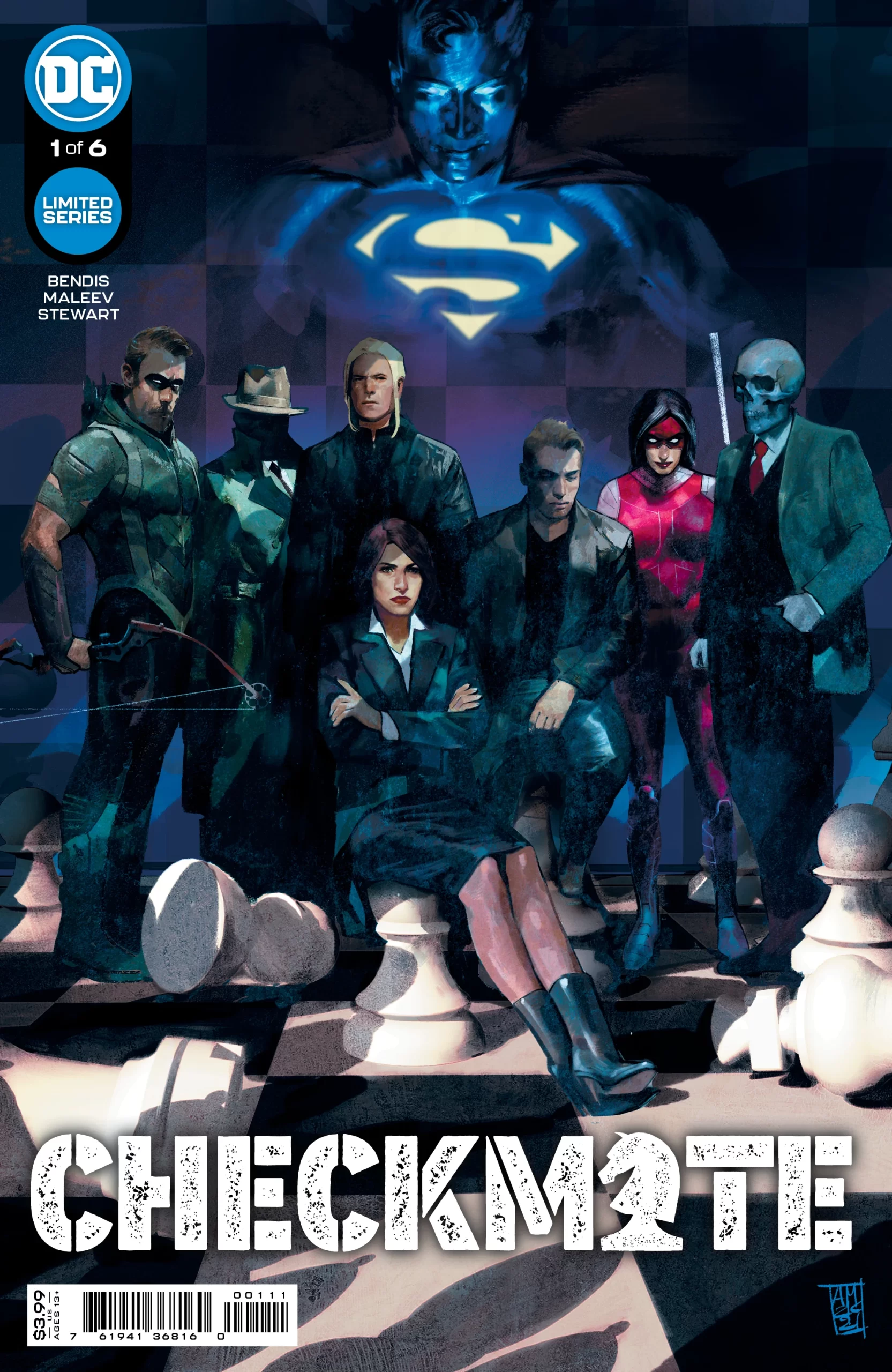 Portada de Checkmate en la que vemos a un grupo de personajes (Green Arrow, Question, Manhunter, Bones, Lois Lane) en un sitio con piezas de ajedrez y un fondo adamascado.