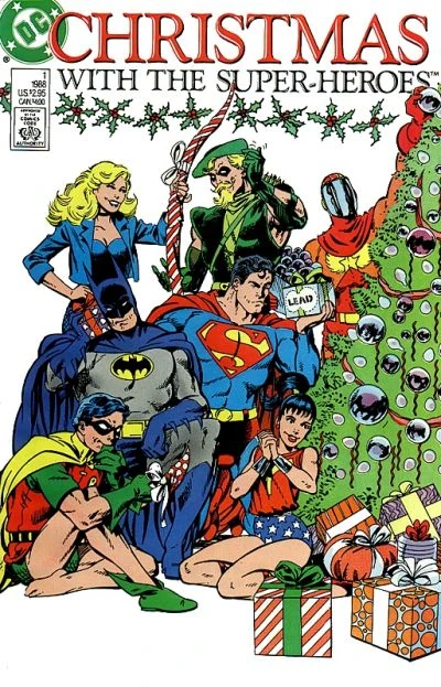 Portada de Christmas with the Super-Heroes en la que vemos a un grupo de superhéroes al lado de un árbol mirando paquetes. De regalo, digo. El de Superman pone 'plomo'.