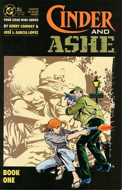 Portada de Cinder and Ashe en la que vemos a los personajes protagonistas en lo que parece una calle llamada Bourbon y, de fondo, la imagen de un soldado llevando a una niña a cuestas.