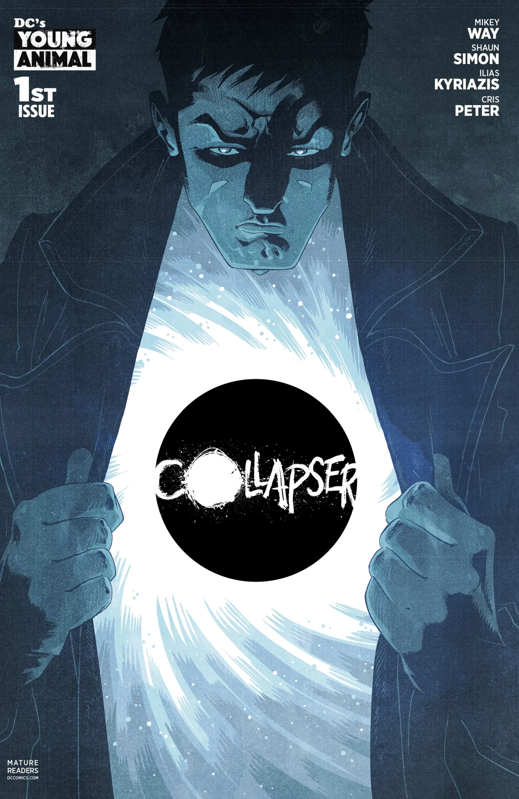Portada de Collapser en la que vemosal protagonista abriendo su cazadora, dentro de la cual se ve un agujero negro y el título del cómic en el interior.