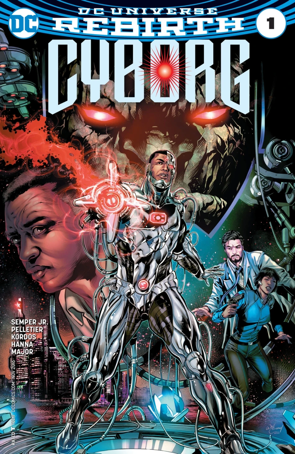 Portada de DC Universe Rebirth Cyborg en la que vemos en el centro a Cyborg, a la derecha su padre, a la izquierda un científico y una mujer con pistola y arriba una cabeza ominosa de algo de piedra con ojos rojos brillantes.