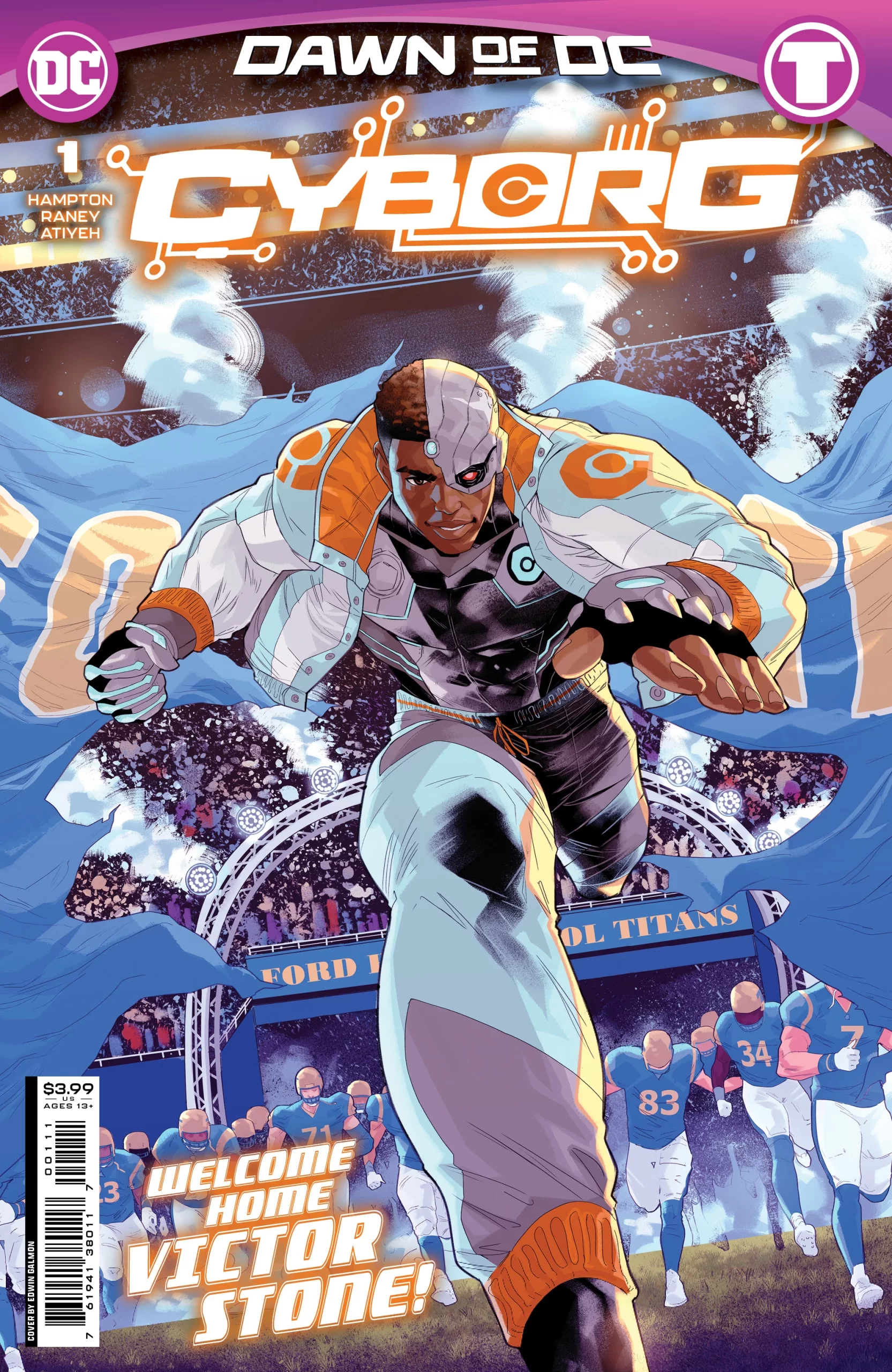 Portada de Dawn of DC: Cyborg en la que vemos a Cyborg saliendo de lo que parece un partido de Football Universitario, aunque está claro que tiene mezclada la parte deportiva de la parte deportiva.