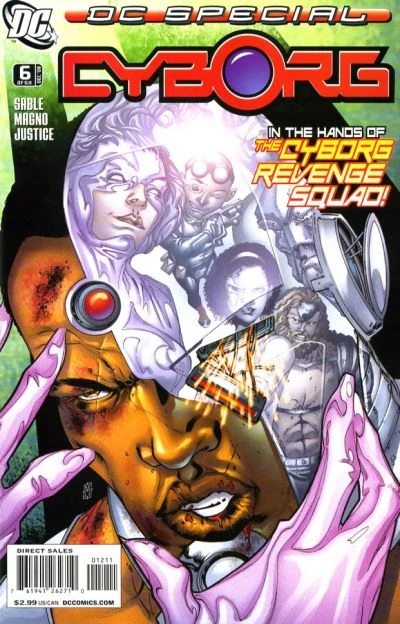Portada del DC Special Cyborg en la que vemos la cabeza de Cyborg, en su parte metálica se reflejan varios secundarios. el dibujo es MUY noventero.
