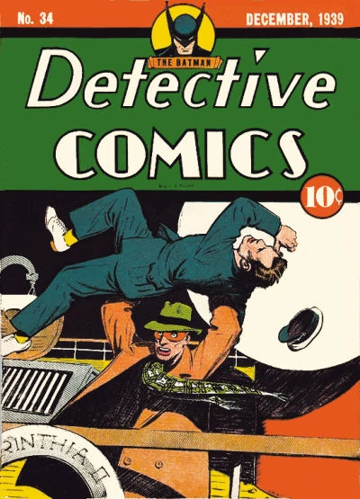 Portada de Detective Comics 34 en la que vemos al Crimson Avenger a punto de lanzar a un tipo por encima de la barandilla de un barco.