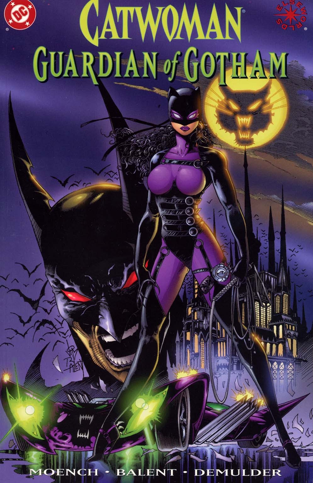Inenarrable, una vez más, portada. Esta vez es de Catwoman: Guardian of Gotham y con el sello Elseworlds. En ella vemos a Catwoman en el centro, detrás está la mansión Wa... Kyle, y el Catmóvil. Arriba está la Cat Señal. Y detrás está Batman con pinta de ser un demonio asesino. Catwoman ocupa el centro con un modelito imposible incluyendo un corsé que parece pensado para que se saque las tetas como balones. 