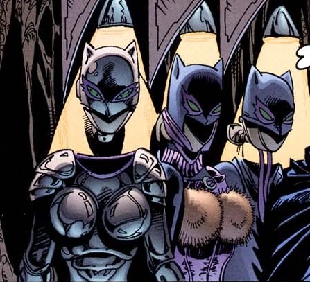 Viñeta de Catwoman: Guardian of Gotham en la que vemos cortados tres de sus trajes. El primero de lso cuales lleva una especie de tetas de metal y el segundo de peluche o algo así, la verdad es que podrían ser enomes cocos.