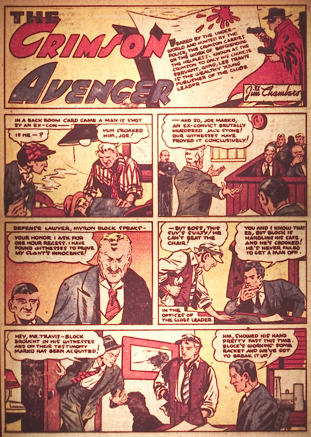 Página de Detective Comics 20 en la que vemos la presentación de The Crimson Avenger. Arriba el título y la imagen de lateral. Abajo vemos su punto de partida.