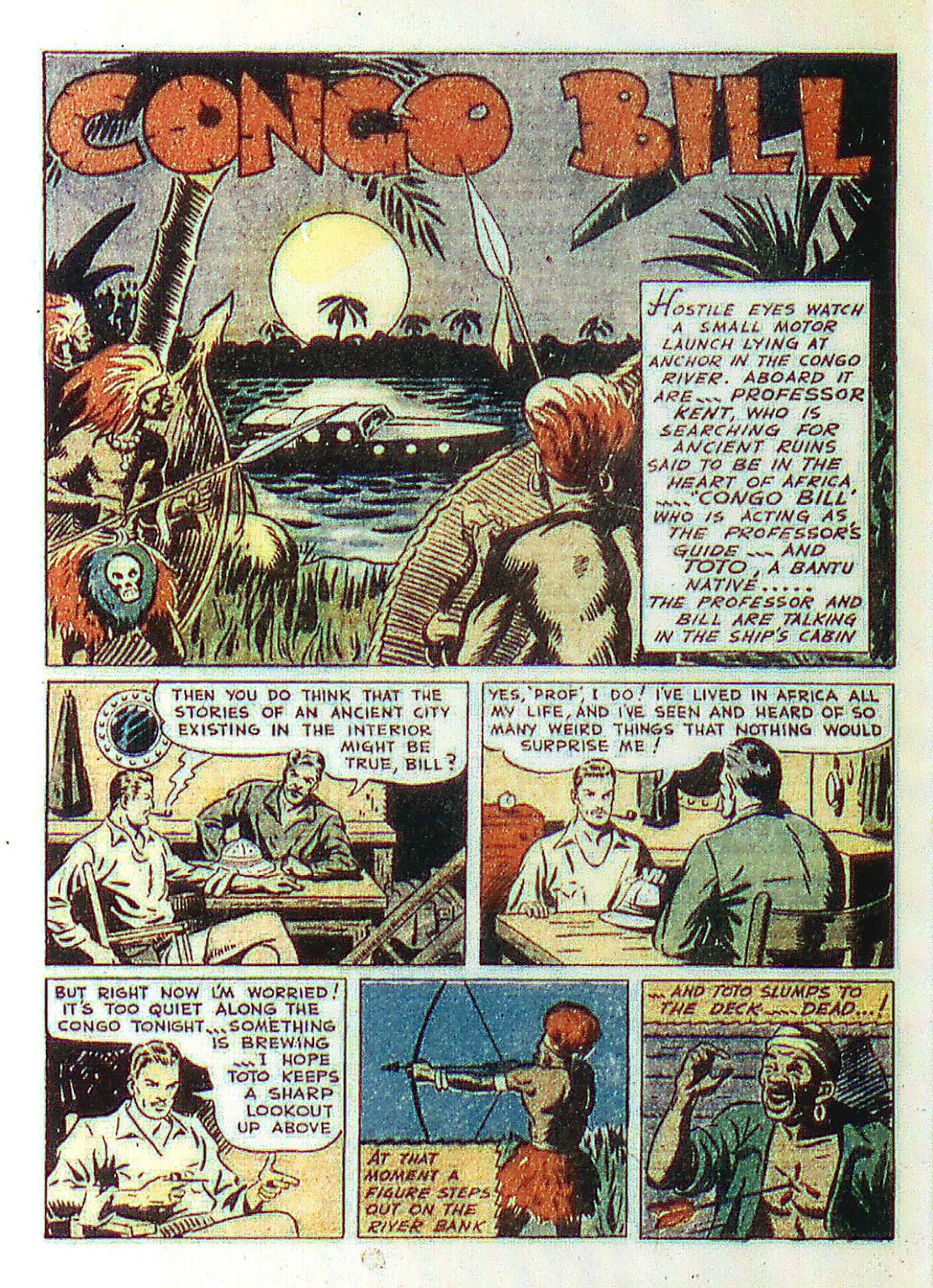 Página de More Fun Comics en la que vemos la presentación de Congo Bill, con el nombre bien grande y viñetas de una aventura africana clásica.
