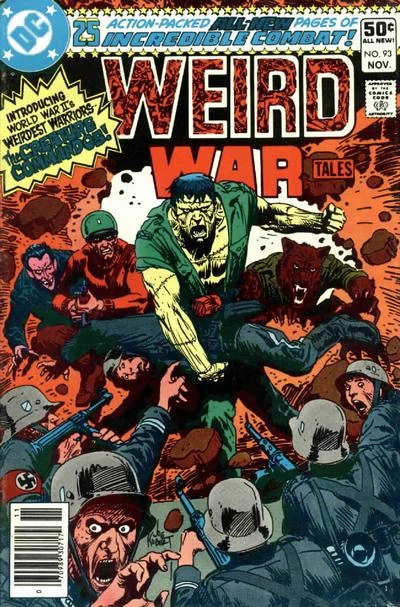Portada de Weird War Tales 93 en la que vemos a un grupo de soldados alemanes sorprendidos por el grupo saliendo por un agujero de la pared.