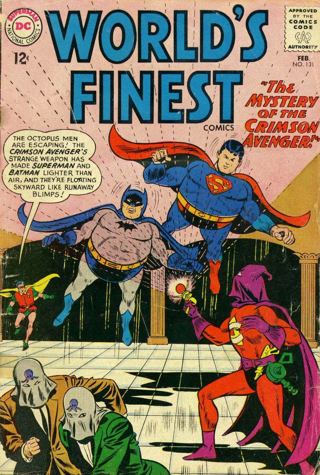 Portada de World's Finest 131 en la que vemos al nuevo Crimson Avenger con traje de supes y capucha violeta, apuntando a Superman y batman con una pistola que les convierte en muñecos hinchables. Mintras unos tipos con capuchas con pulpos huyen.